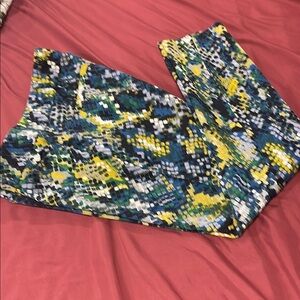 New York & Company Blue and Yellow Cropped Pants with Bold Camo Pattern